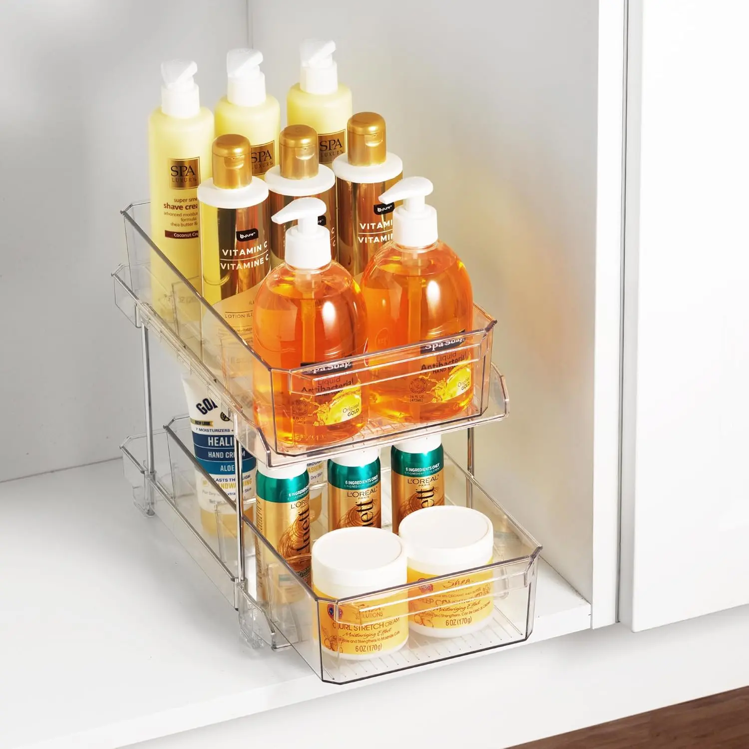 2-Tier Clear Pull-Out Drawer Organizer - Sleek, Compact & Sturdy Makeup and Closet Organizer - Easy Assembly Kitchen Storage Solution, Ideal for Makeup, Tools,  & Snacks