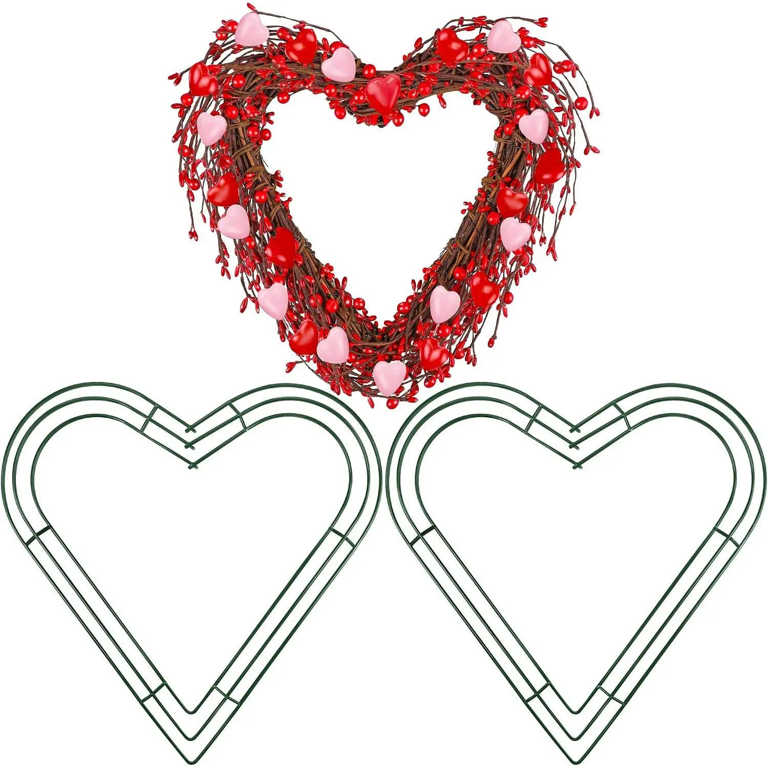 2 Pack 14 Inch Heart Wire Wreaths Frame Heart Metal Wreath Garland Green Wire Flower Wreath for Valentine's Day, Wedding Party,  Ceremony Decoration