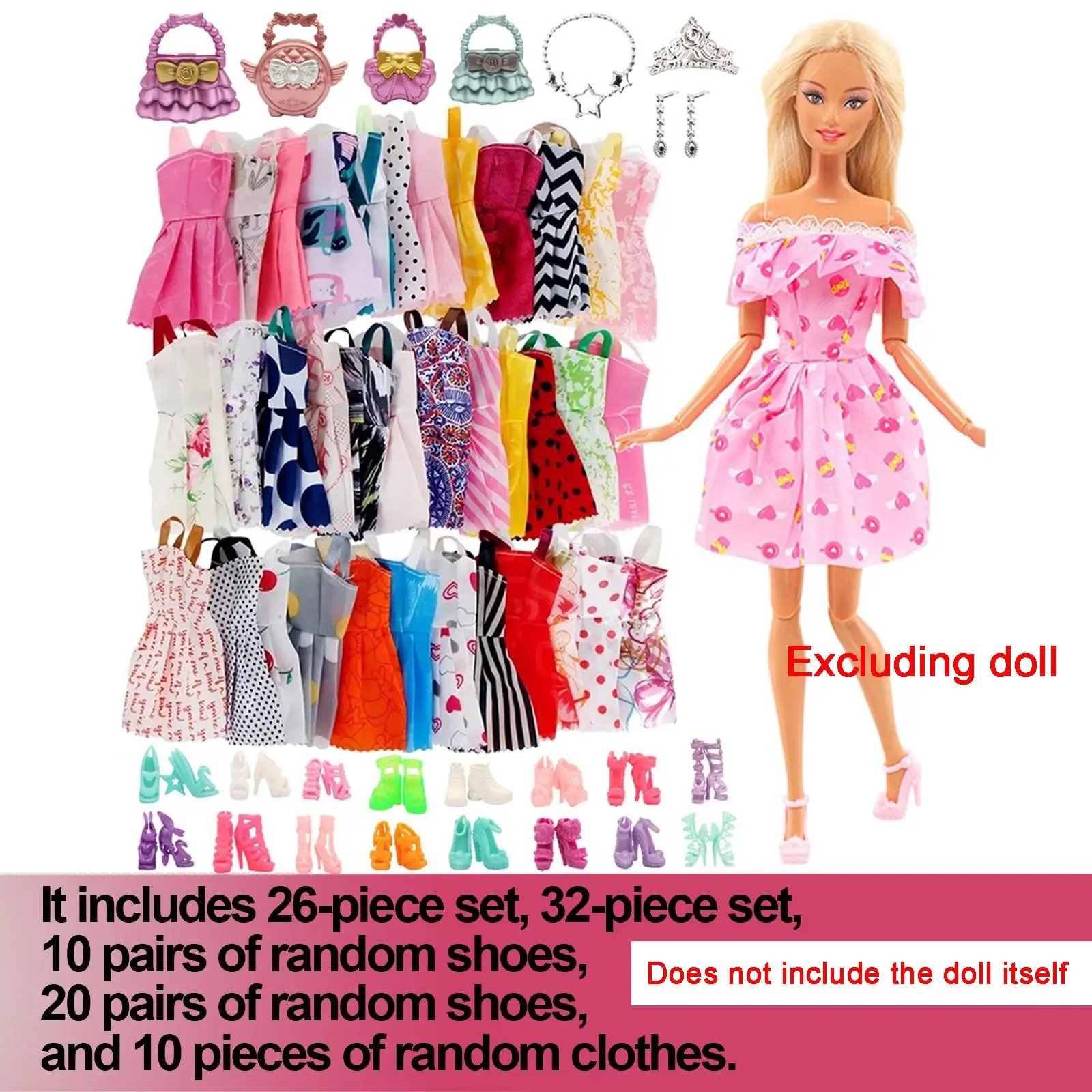 11.5 Inch Doll Accessories Set, Includes Dresses, Shoes, Bags, Crown, Necklace, Earrings, Perfect Christmas Gift for Girls, Doll Clothing Set, Dolls Clothes Accessories