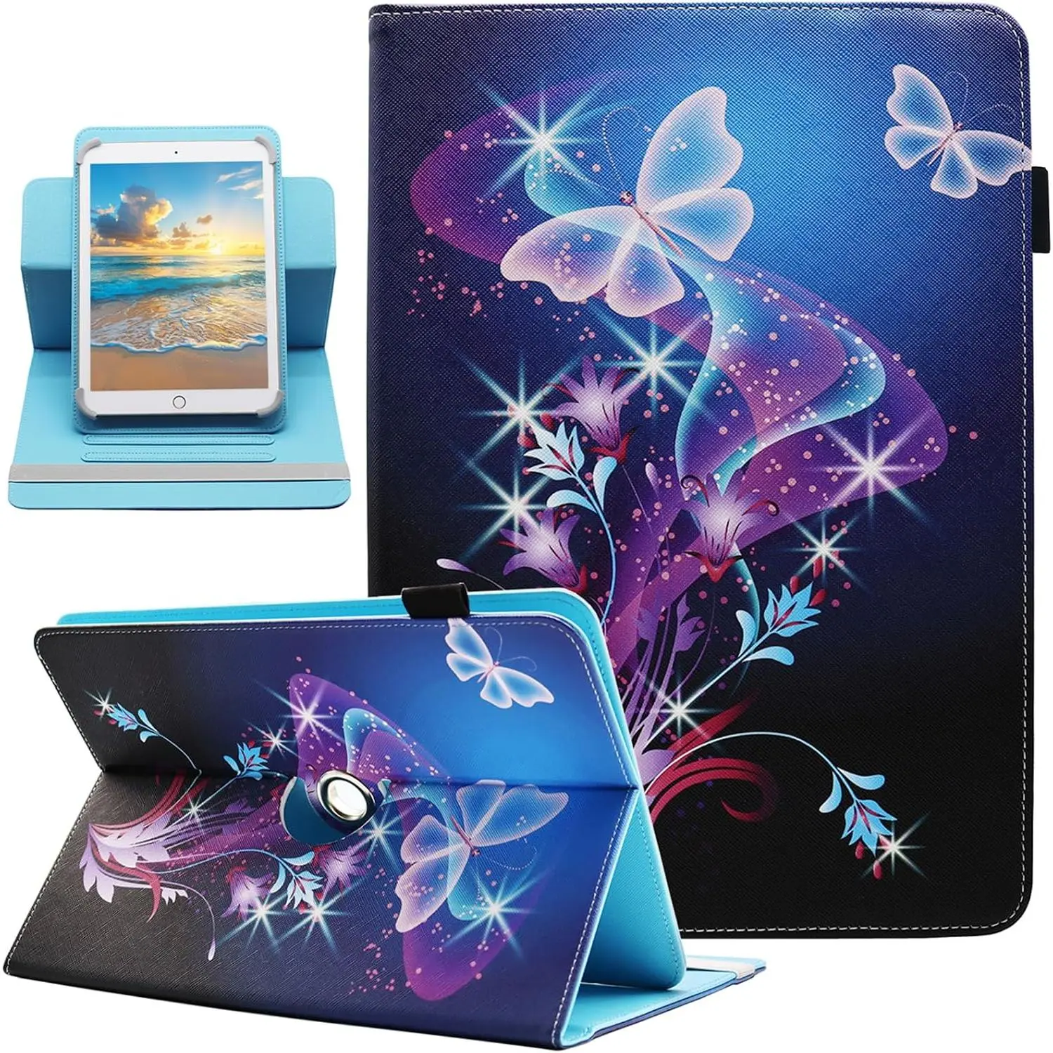 7 8 Inch Android Tablet Case,  PU Leather 360  Rotating Multi-Angle Viewing Stand Case Cover for 7.0 8.0 and  7.0-8.5 Inch Tablet, Shiny Butterfly