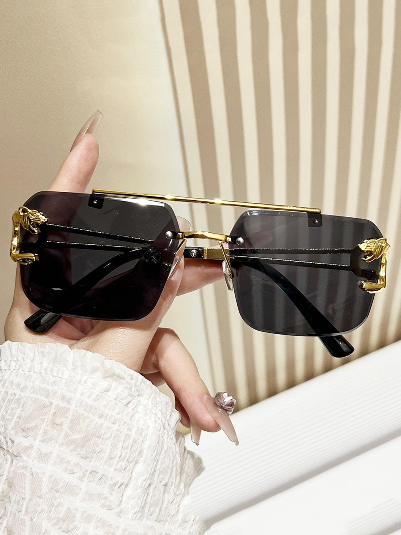 Luxury Square Gold Frame Fashion Sun Glasses Metal Leopard Rimless Sunglasses Double Bridges Gradient Ocean Film Shades UV400 Trendy Casual Sunglasses