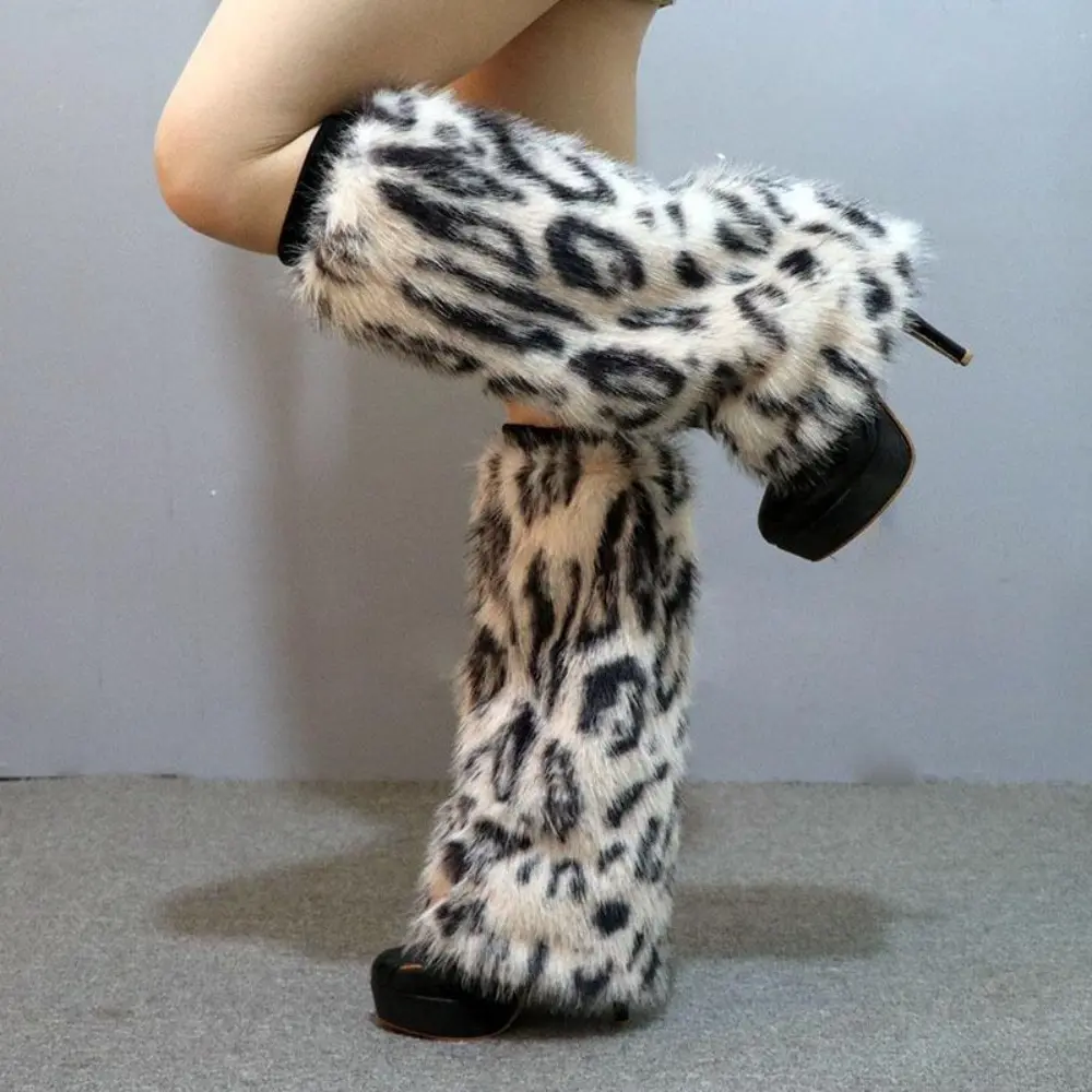 Women's Y2K Leopard Print Faux Fox Fur Leg Warmers, Fluffy Plush Long Boot Cuffs, Furry Boot Covers for Winter Outfit Party Rave Festival