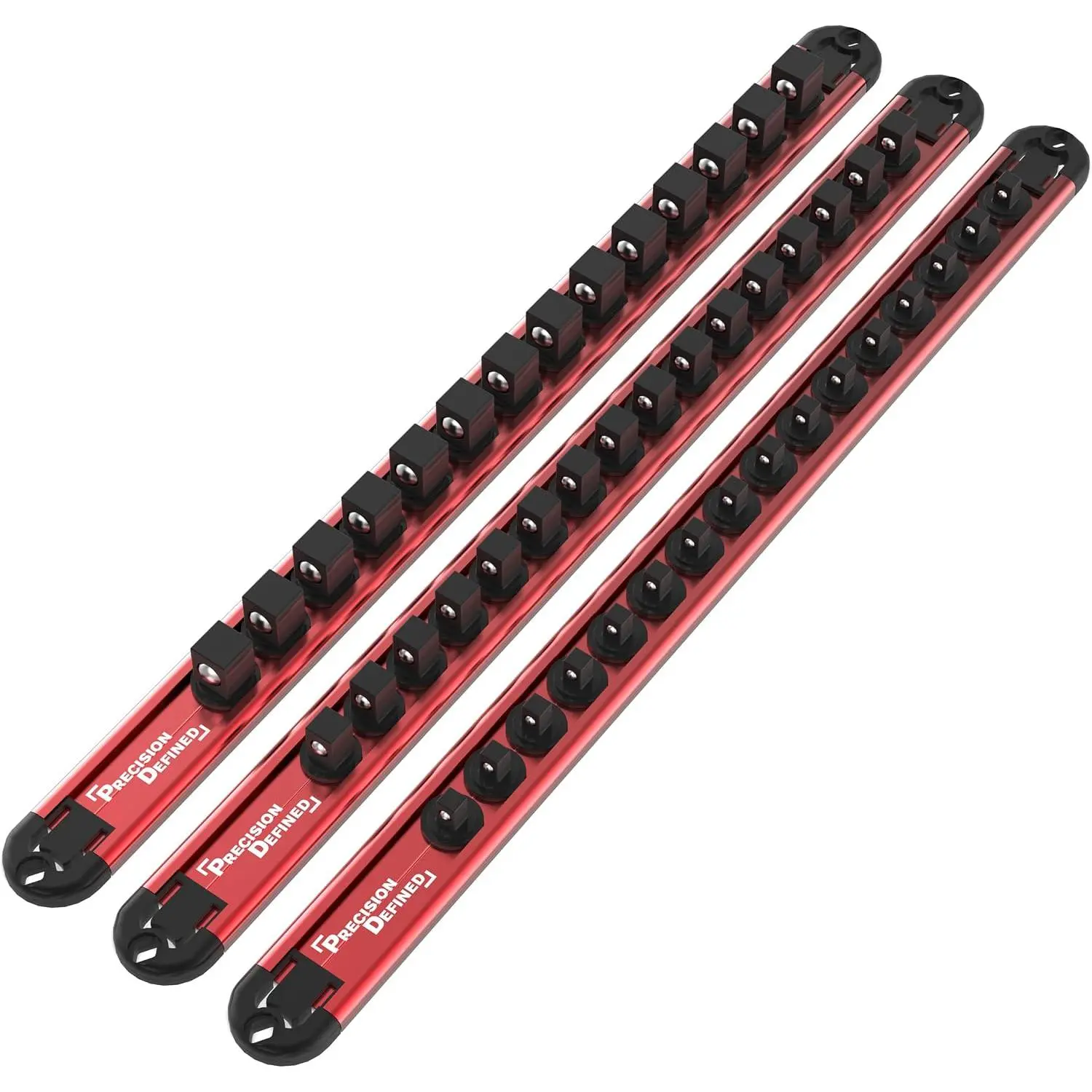 Tool Socket Holder 3- Set | Red, 1/4-Inch x 16 Clips, 3/8-Inch x 16 Clips, 1/2-Inch x 14 Clips | 360 Rotation - Heavy Duty Socket Rails Organizer, Socket Storage