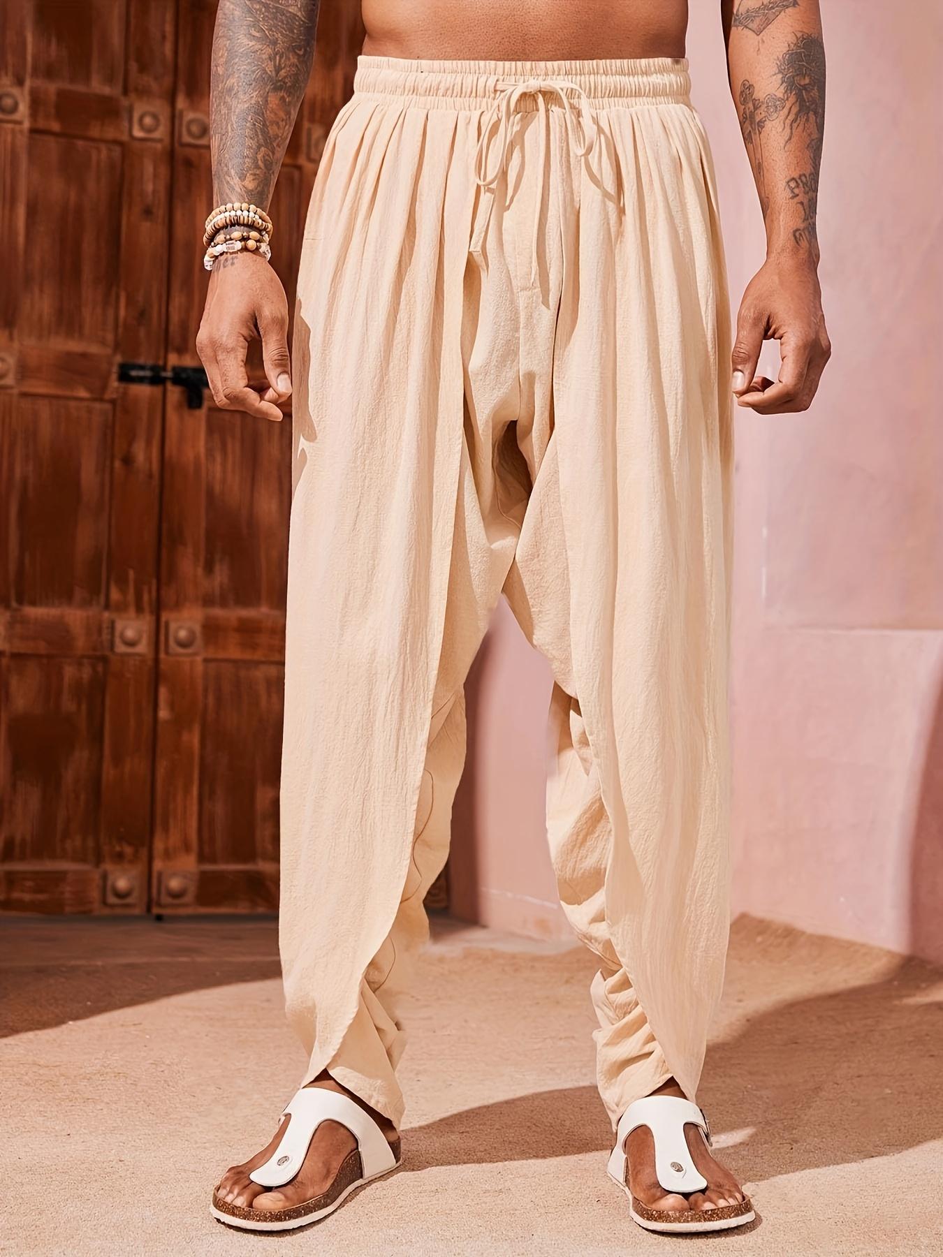 Men's Linen Harem Pants Casual Elastic Waist Pants Loose Bohemian Yoga Hippie Summer Beach Kurta Dhoti Pants Menswear Trouser