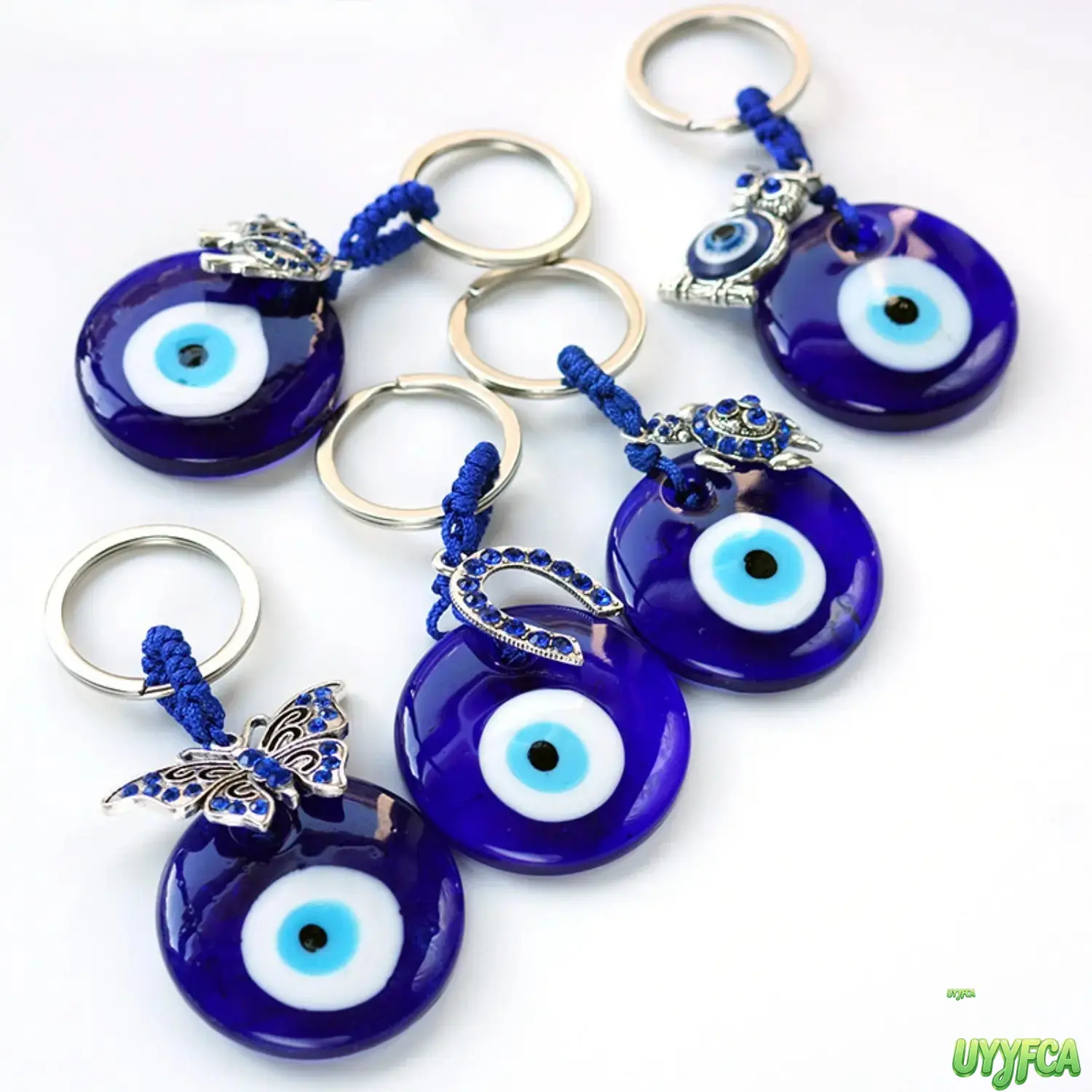Blue Glass Evil Eye Keychain with Vintage Silver Animal Motifs, Polyester Braided Cord Key Ring, Multi-Style Turtle-Butterfly-Elephant-Horseshoe Pendant, Protective Lucky Amulet for Car/Bag Use, Minimalist Spiritual Accessory Gift