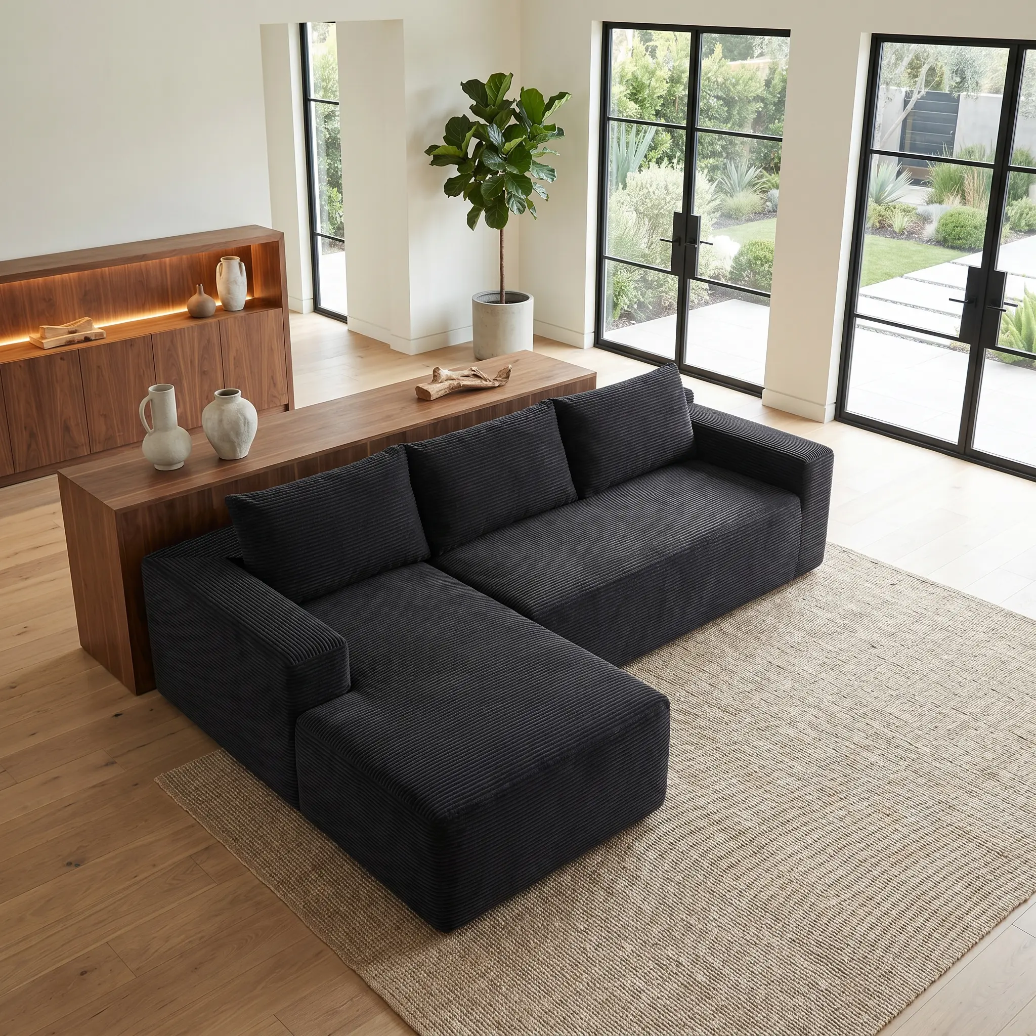 Modular combination L-shaped cloud sofa, 3-seat large empress loveseat made of corduroy, recliner sofa with memory foam filling for the living room, modular sofa that is washable and detachable, suitable for side sleeping in the living room.