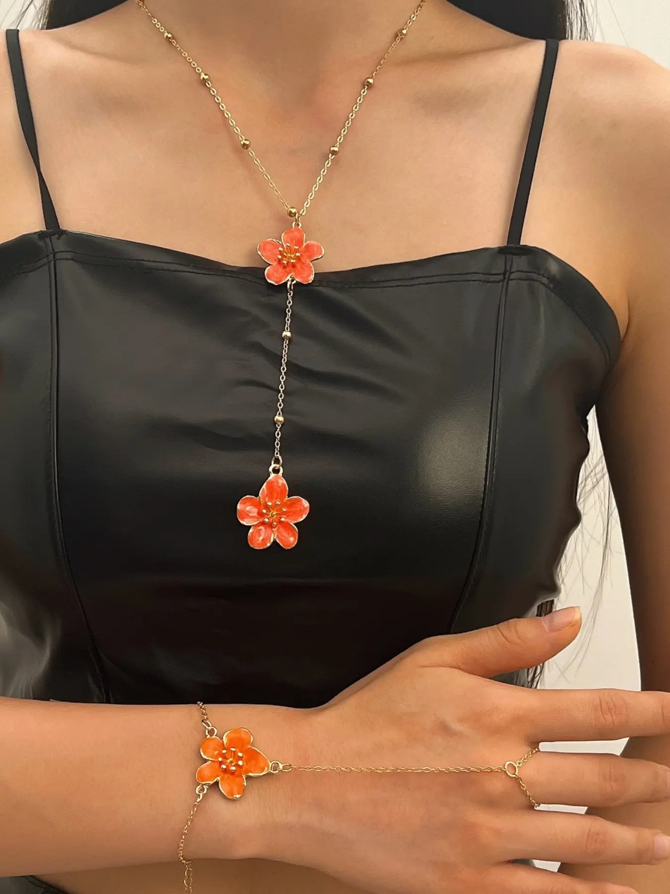 2pcs, Dripping Flower Y-Shaped Tassel Necklace And Bracelet Set, Integrated Ring And Chain Set For The Back Of The Hand, Multi-Colored Sweet Accessories, Perfect For Parties And Vacations, Or As A Small Gift.