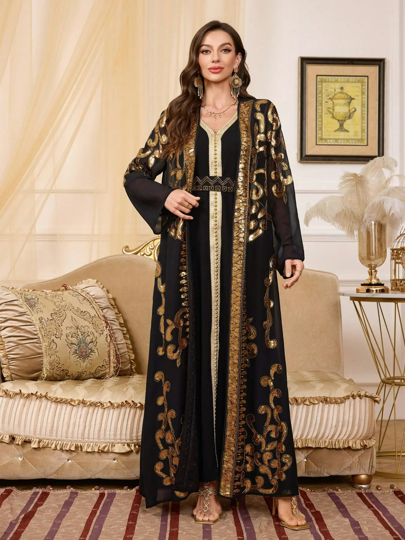 Gold Embroidered Two-Piece Dubai Muslim Robe, Elegant Islamic Clothing, Heavy Sequin Open Front, Elegant Long Sleeve Maxi Dress for All Seasons