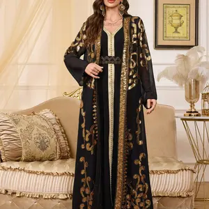 Gold Embroidered Two-Piece Dubai Muslim Robe, Elegant Islamic Clothing, Heavy Sequin Open Front, Elegant Long Sleeve Maxi Dress for All Seasons