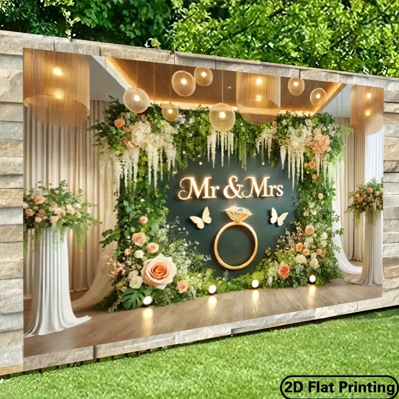 Vintage Mr & Mrs Floral Wedding Backdrop Banner - Lightweight Polyester Home Decor Tapestry, Room Wall Hanging for Reception Photography, Ideal Gift with Storage Bag, Geometric Decoration for Events, Parties