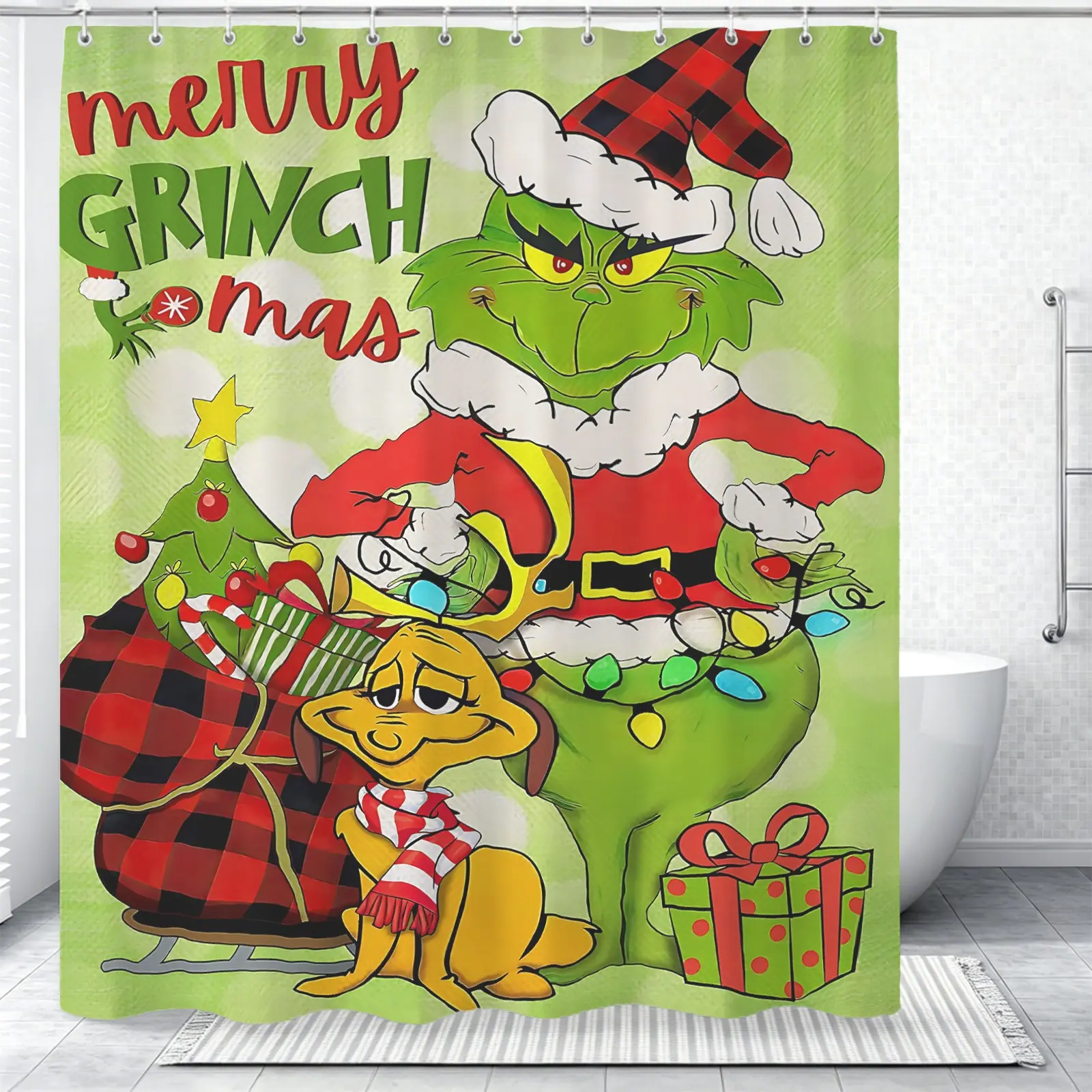 Green Furry Pattern Shower Curtain, Measures 72x72 Inches, Comes With Plastic Hooks For Easy Installation, Modern Polyester Christmas Bathroom Decoration