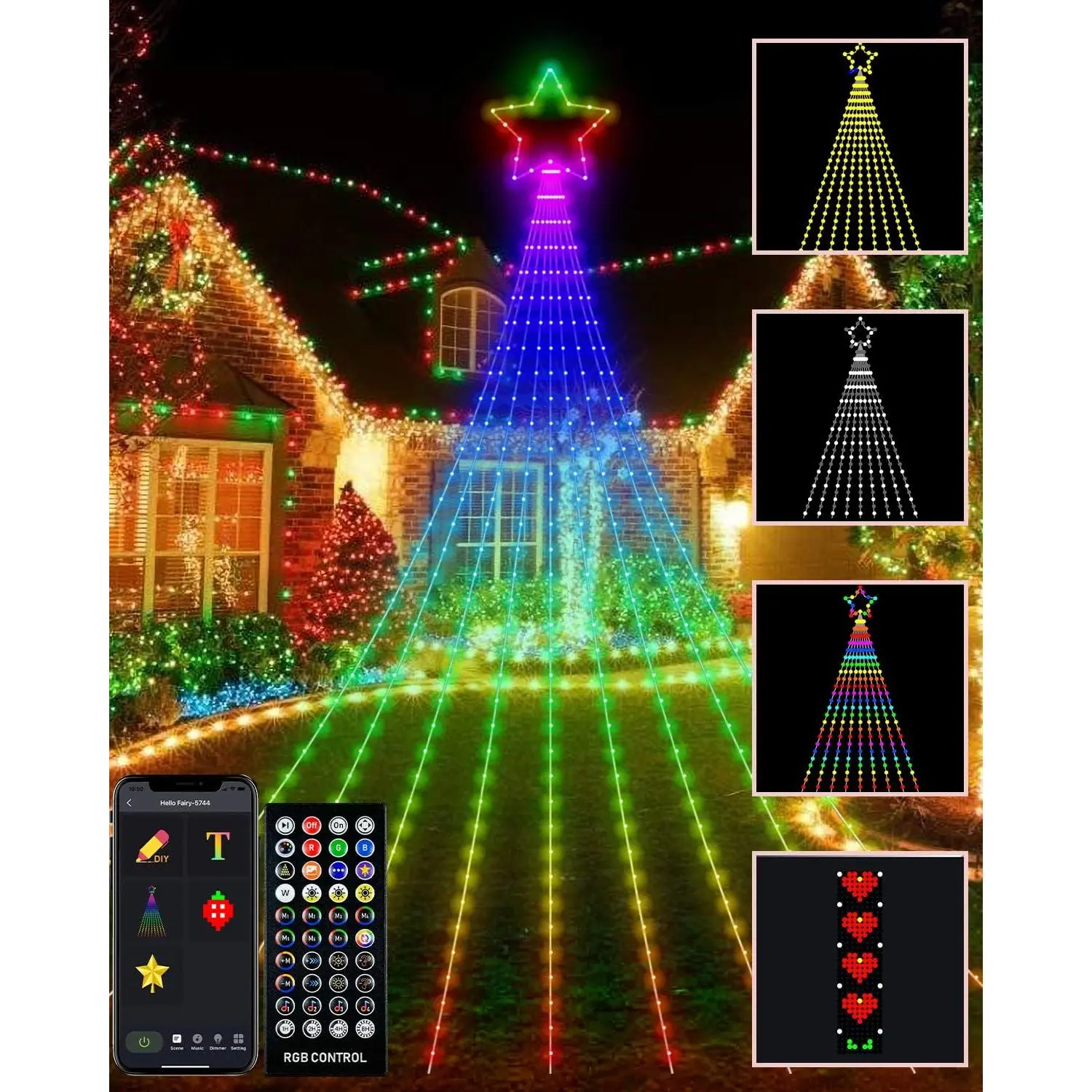 Outdoor Christmas Decorations Lights with ,  DIY Custom Display 11.8Ft 100 Modes Yard Waterfall Tree String Lights, App Control 344LED RGB Color Changing  Timer for Xmas Tree Lawn Decor