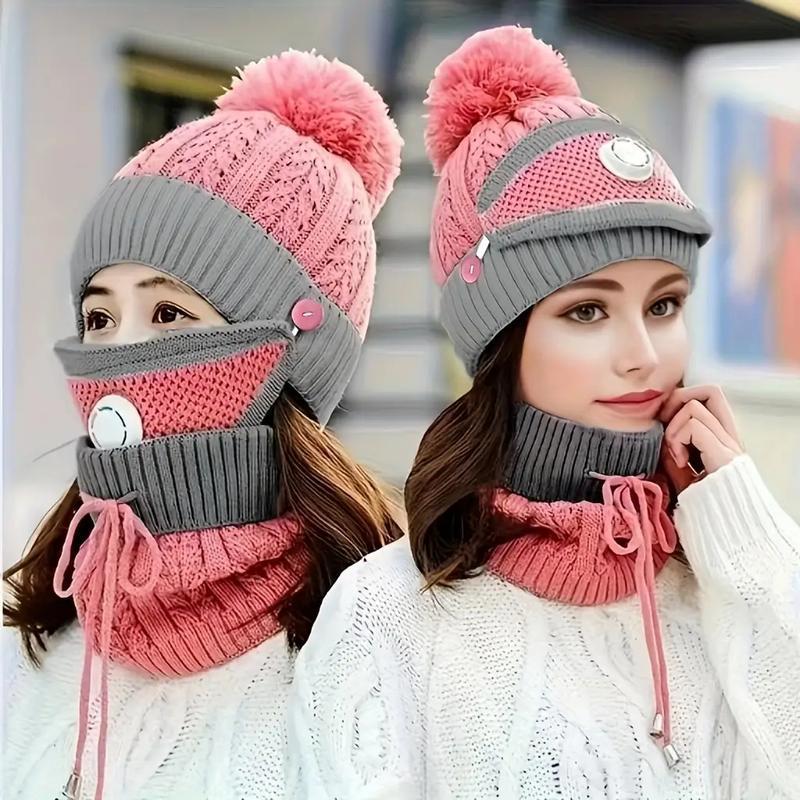 3PCS Women's Beanie Set with Mask and Scarf, Thickened Fleece Winter Hat for Ear Protection and Extra Warmth