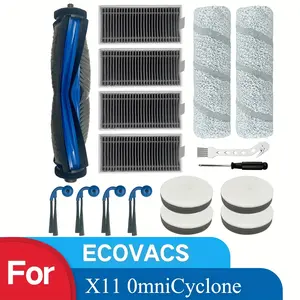 HOME TIMES 17-Piece Replacement Parts Kit, Compatible with ECOVACS DEEBOT X110 Minicyclone Robot Vacuum Cleaner Includes: 1 Main Brush, 4 Side Brushes, 4 Filters, 2 Roller Mops, 4 Filter Sponges, 2 Cleaning Tools