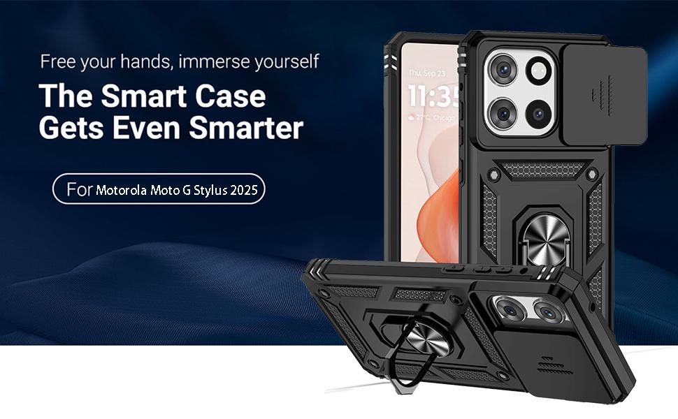 for Motorola Moto G Stylus 2025 Case with Slide Camera Cover HD Screen Protector [Military Grade 16ft. Drop Tested] Magnetic Ring Holder Kickstand Protective Phone Case for Moto G Stylus 2025, Black