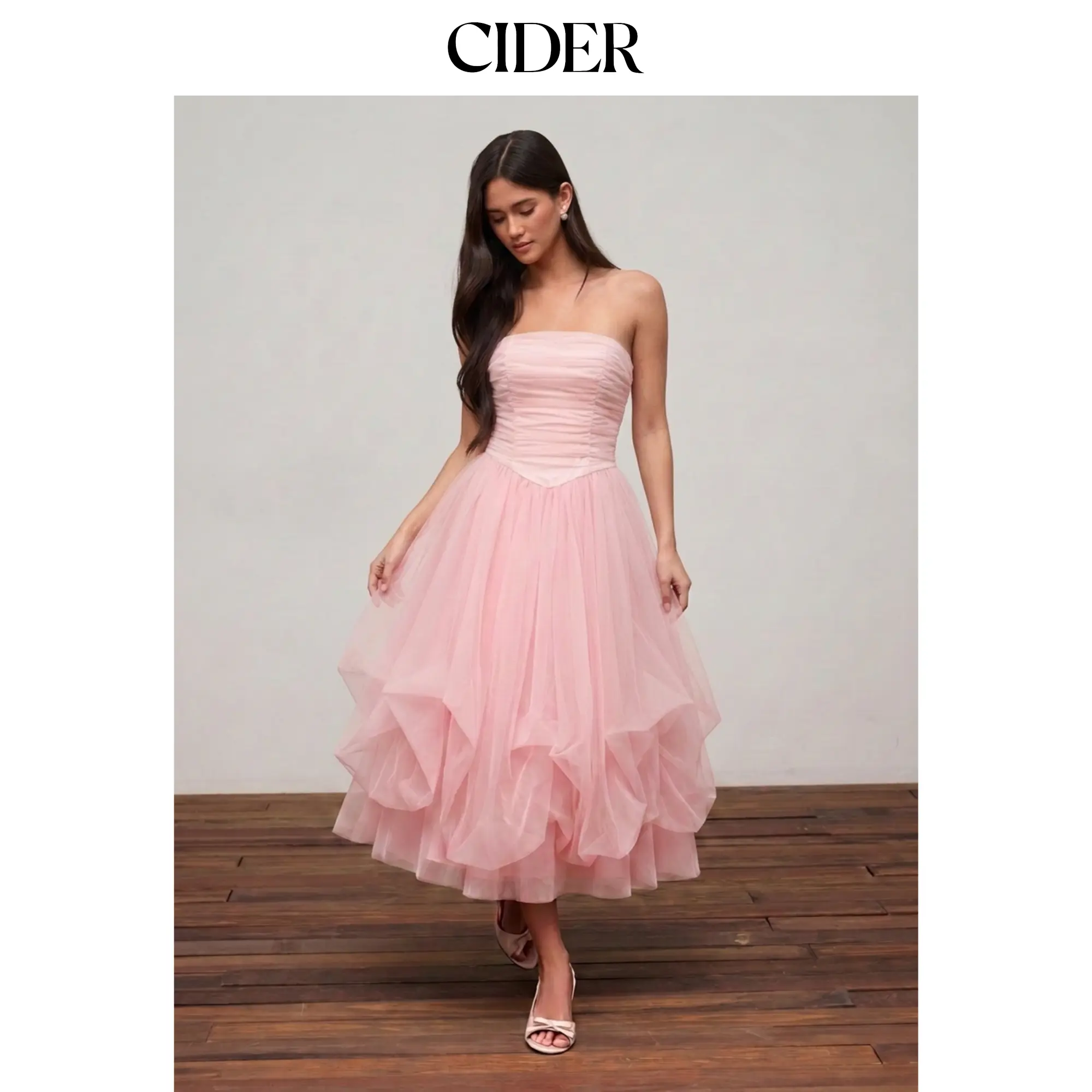 Cider Mesh High Rise Strapless Ruched Bubble Maxi Dress