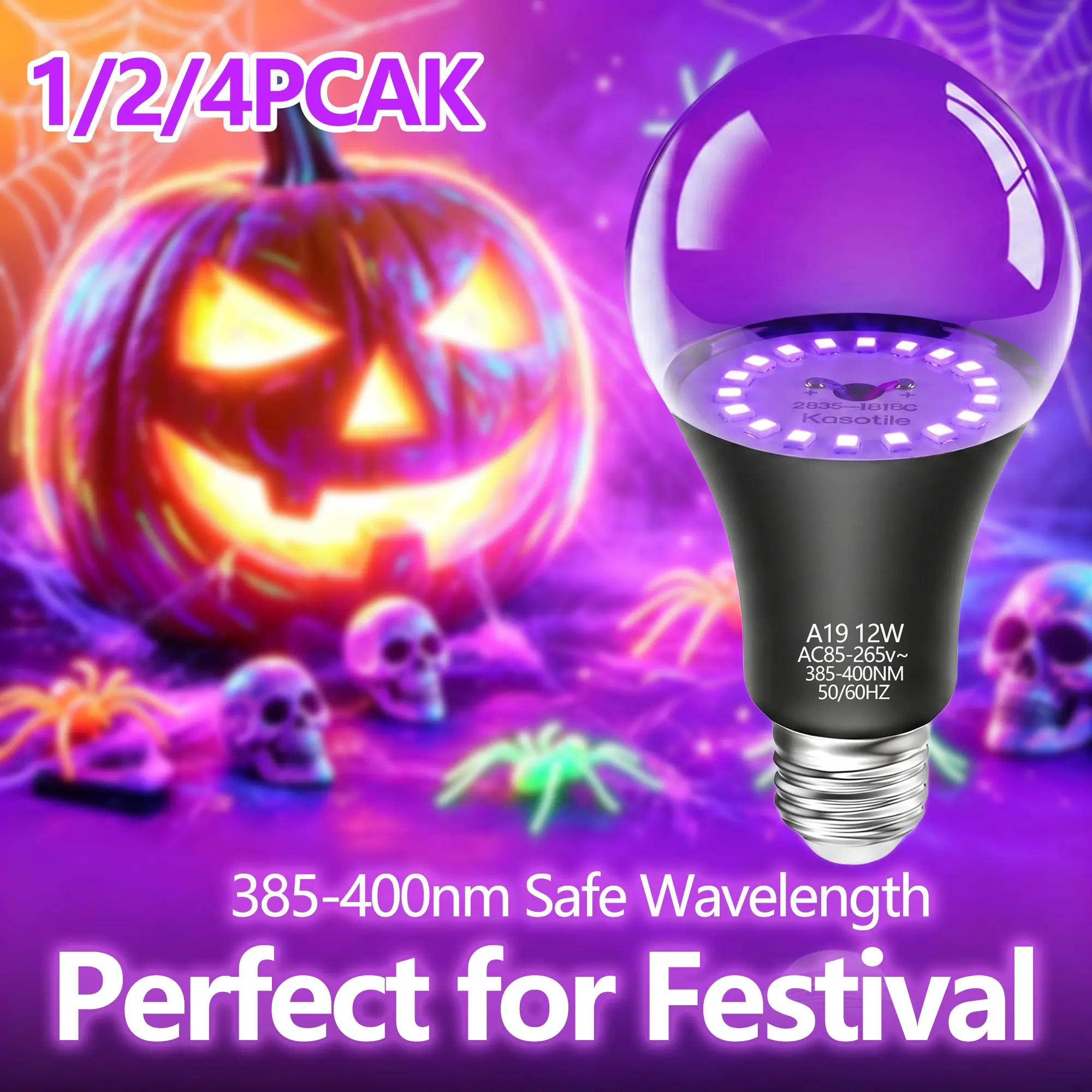 Kasotile LED Blacklight Bulb E26/e27, 385-400nm Uva Safe Light, Halloween Decor, Fluorescent Party, Body Art, Night Glow Effect