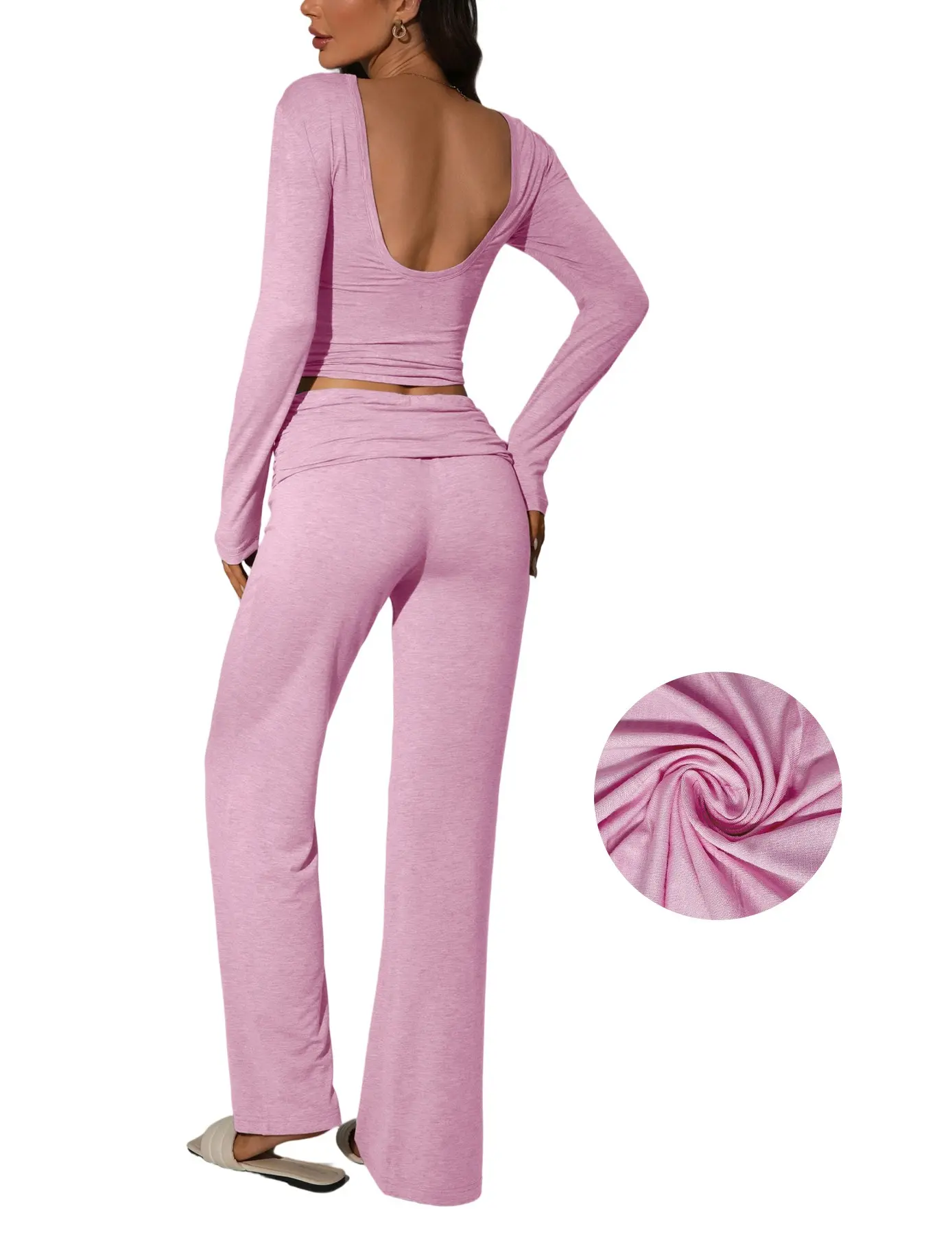 Fall Winter Sexy U Back 2 Piece Lounge Set for Women, Long Sleeve Crop Top, Foldover Ruched Waist, Flare Pants, Casual Home Wear