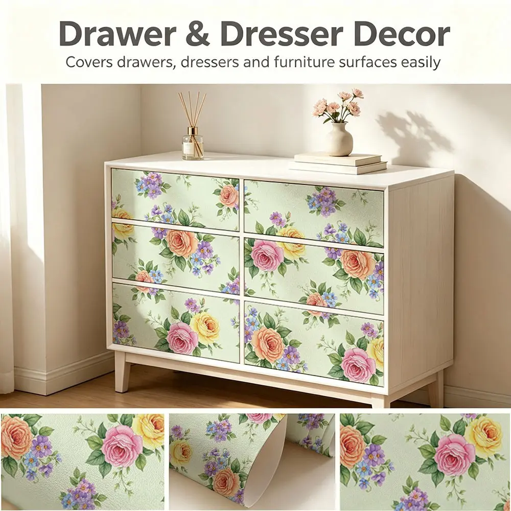 Vintage Watercolor Floral Wallpaper Roll, Rose Pattern Peel-And-Stick PVC Wall Decal, Mould-Proof, for Kitchen/living Room/bedroom Decor