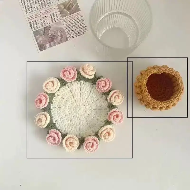 Handmade Crochet Flower Cup Mat, Yarn Woven Floral Cup Pad, Coasters, Valentine's Day Decoration, Room Decor, Unique Handcrafted Home Accessory