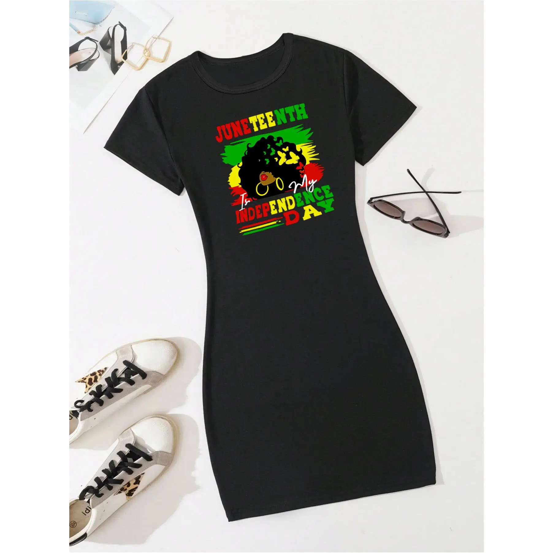 Casual Spring And Summer Dress Featuring a Reggae Music Design, with Short Elastic Sleeves And Pockets for Comfort