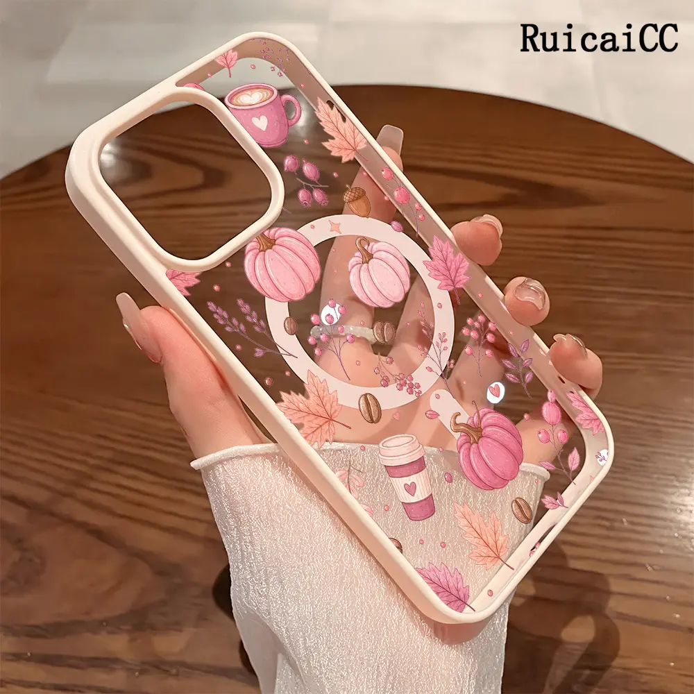 Premium Magnetic Phone Cases for iPhone11/12/13/14/15/16/18 Pro Max/17/Air/promax/Plus Pink Autumn Leaf Pumpkin Coffee y2k cased MagSafe Ready, Anti-Fall, Springtok and Ultra-Thin Design | Perfect for Everyday Use Protector Aesthetic Screen Protector
