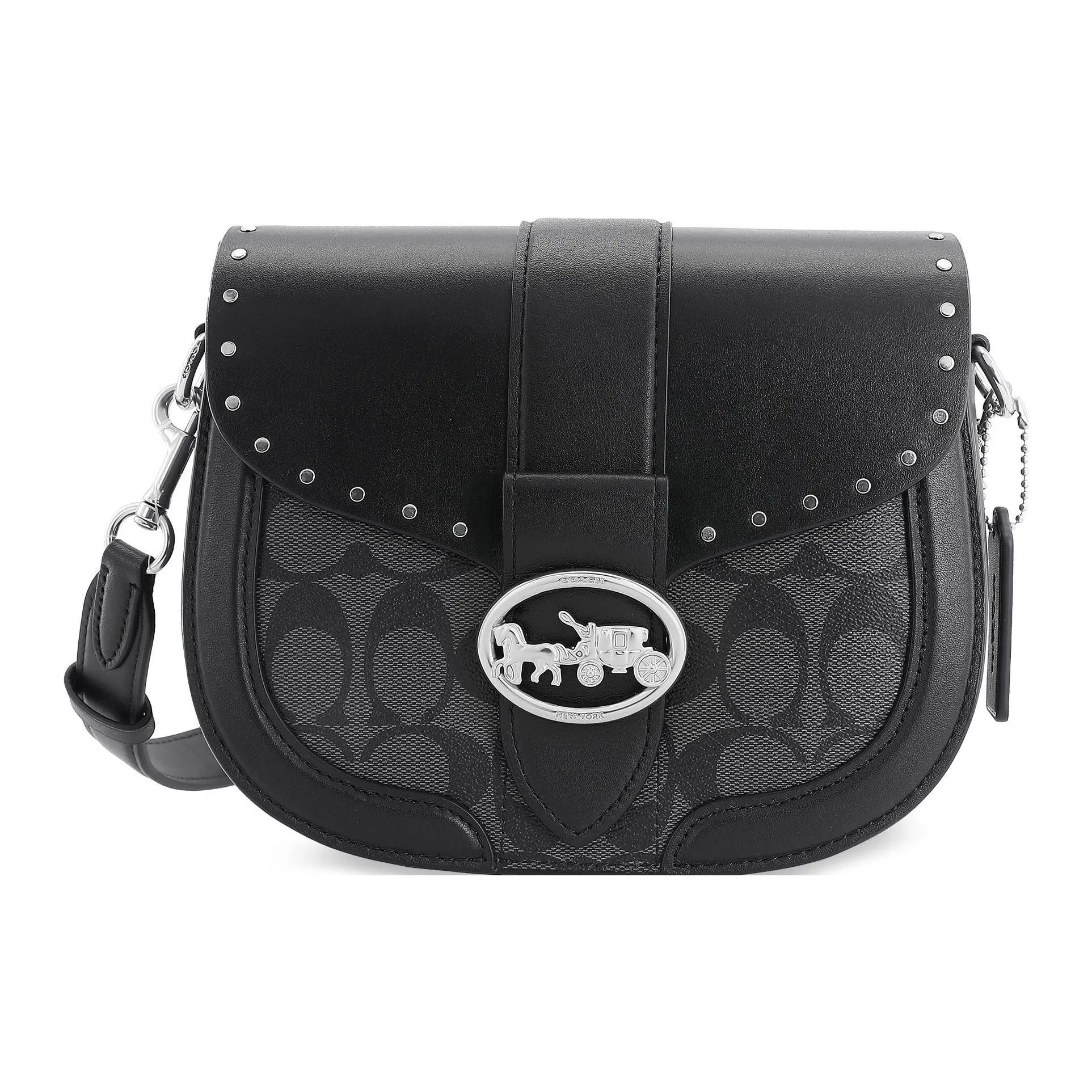 COACH Georgie 21 Saddle Bag with Carriage Print and Rivets, Calfskin Crossbody Bag for Women, Black