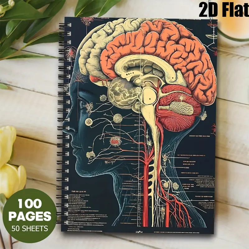 1pc Spiral Bound [2D]Flat Anatomical Brain Illustration Notebook, Lined Journal with 100 Pages, 5.7X8.26inch, Perfect for Medical Students, Neuroscience Enthusiasts, Science Class Notes, Birthday & Christmas Gift for Doctors, Nurses, Biology Lovers, Da