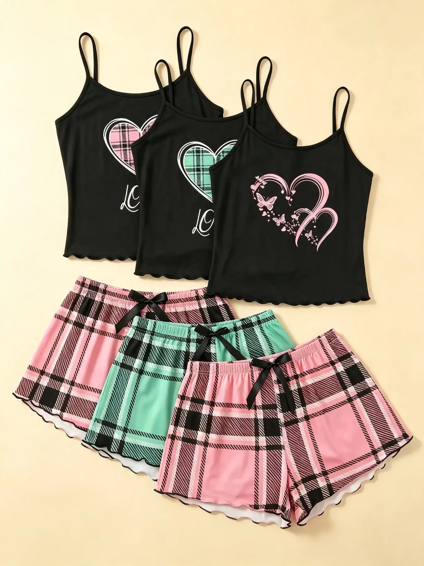 High Value Women's 6-Piece Pajama Set, Boho Style Sleeveless Camisole Sleepwear, Contrast Binding, Soft Polyester, Summer Comfort