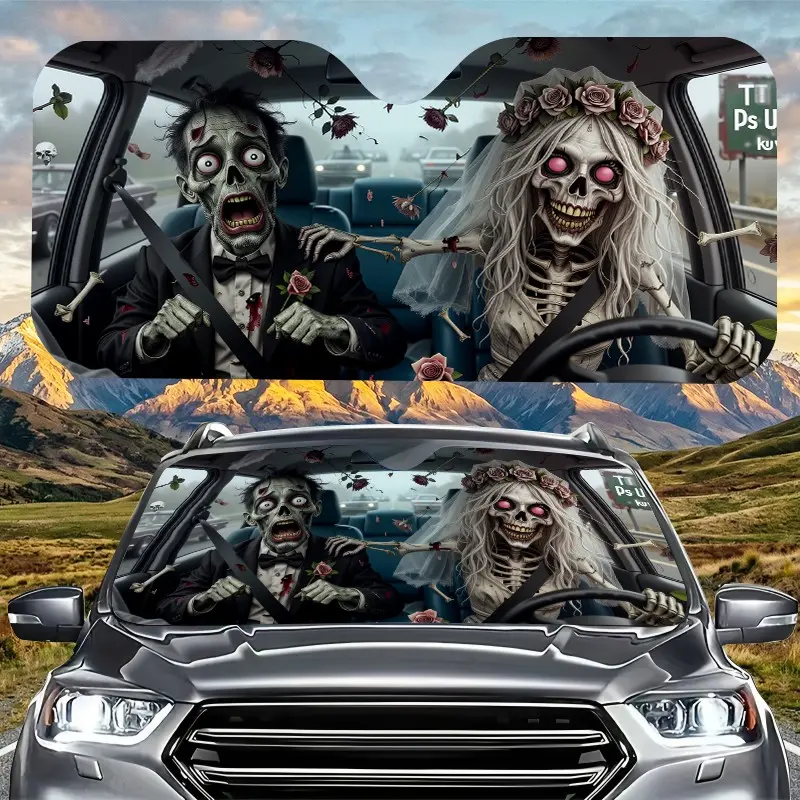 Halloween Car Windshield Sunshade, Zombie Groom Skeleton Bride Driving Print Car Front Window Sun Visor, UV Protection Foldable Horror Ghost Themed Auto Sun Shade For Car, Car Sun Shades