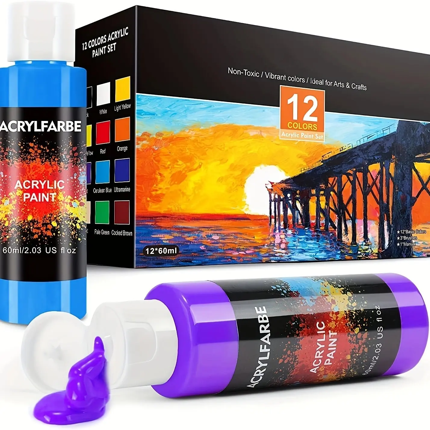 12 Color Acrylic Paint Set 60ML Per Bottle, Includes 3 Brushes, High Saturation, Ideal for Canvas, Ceramic, Wood, Metal, Student & Professional Use