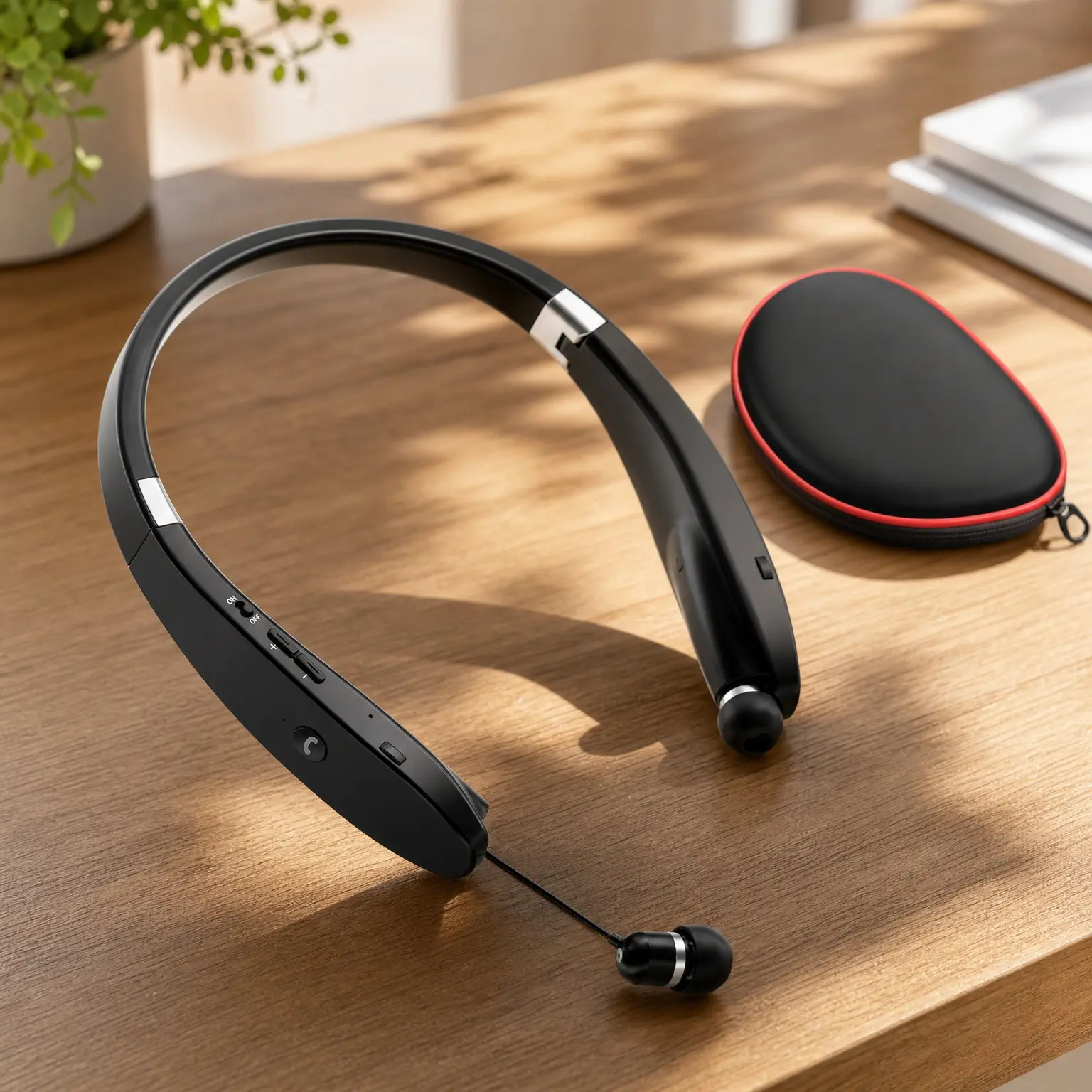 Foldable Bluetooth Wireless Neckband Headset with Retractable Earbuds, Sweatproof Sports Noise Cancelling Stereo Earphones with MicGift