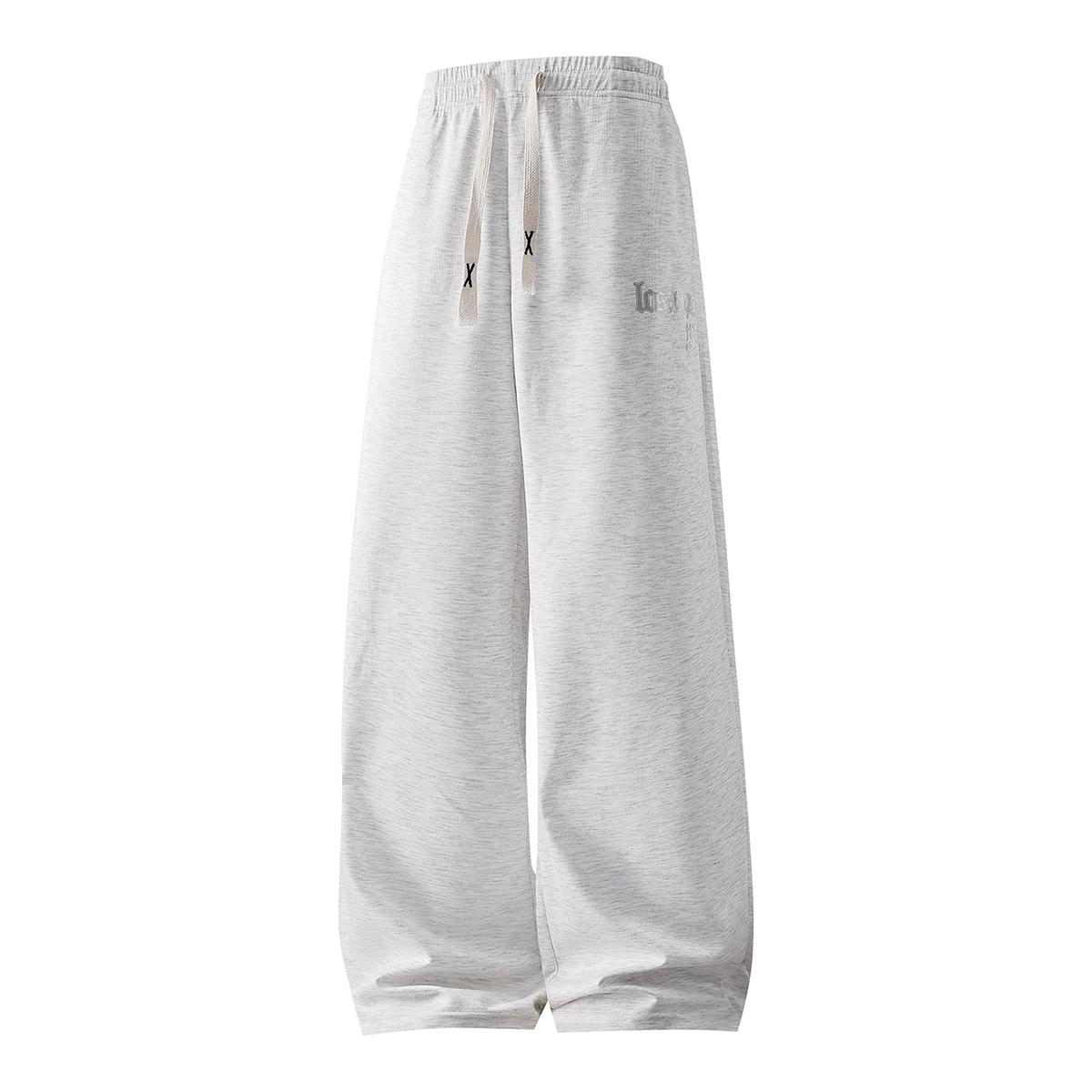 Cloud-Soft Loungewear Mens Heather Grey Baggy Wide Leg Sweatpants Casual Drawstring Elastic Waist Relaxed Fit Trousers with Gothic Letter Print for Home Relaxation and Daily Wear