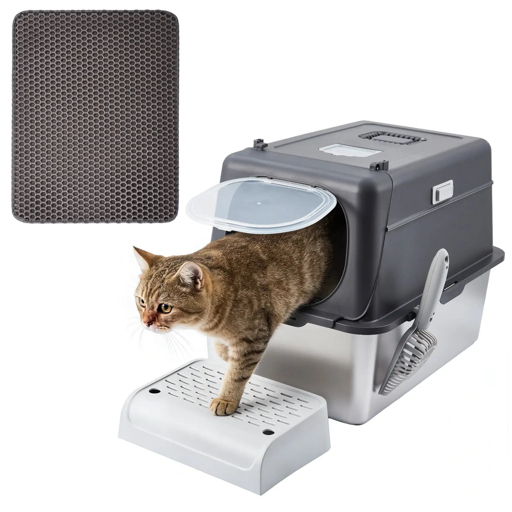 XXL Covered Cat Litter Box – 23.6"×15.7"×15.7", Removable Tray, Scoop & Mat – for Cats up to 15kg – Dark Gray, Leak-Proof