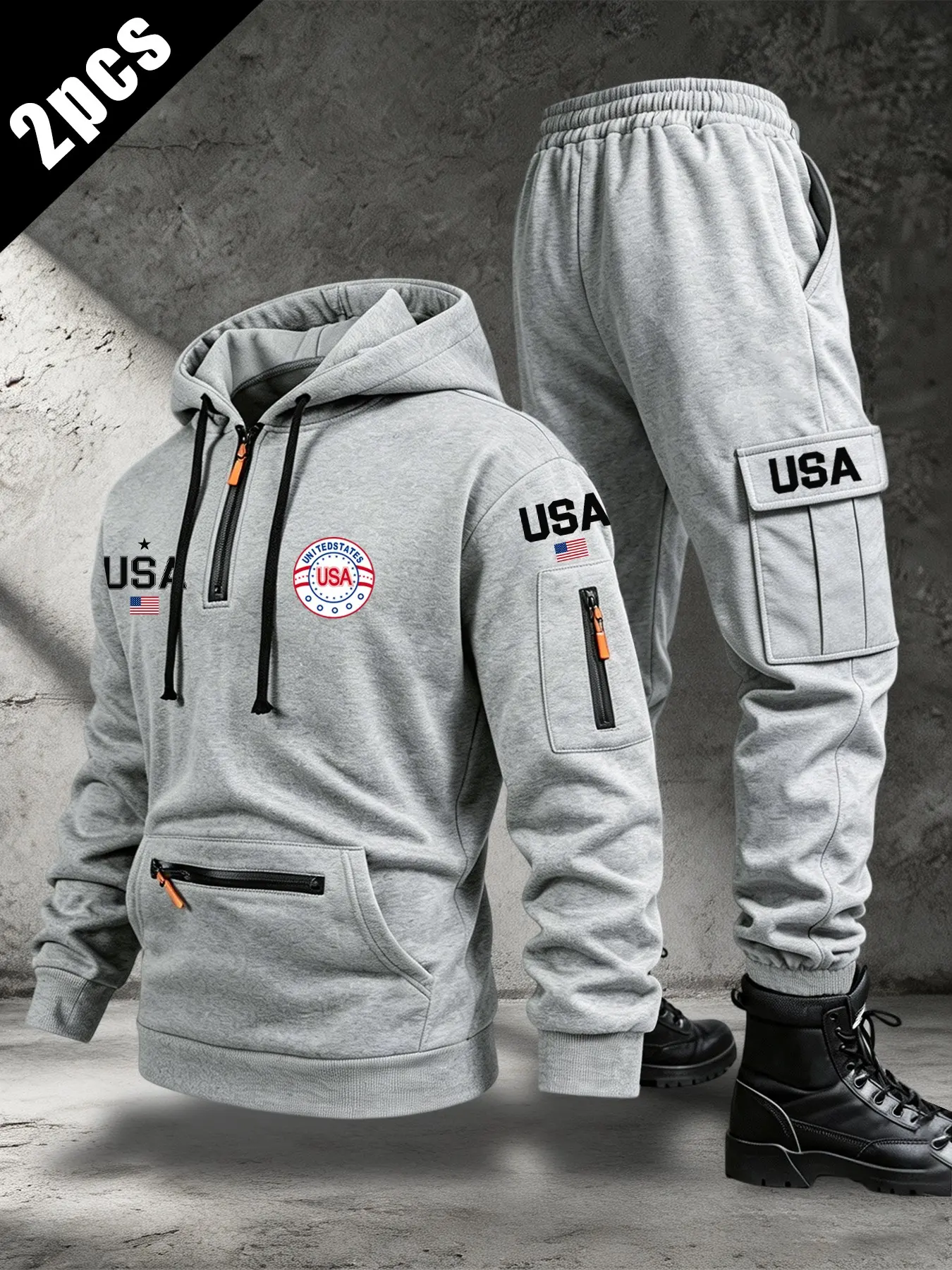 Men's Fall Winter Hooded Sweatshirt and Cargo Pants Set, Usa Theme Pattern, Zipper Multi-Pocket Design, Outdoor Sports