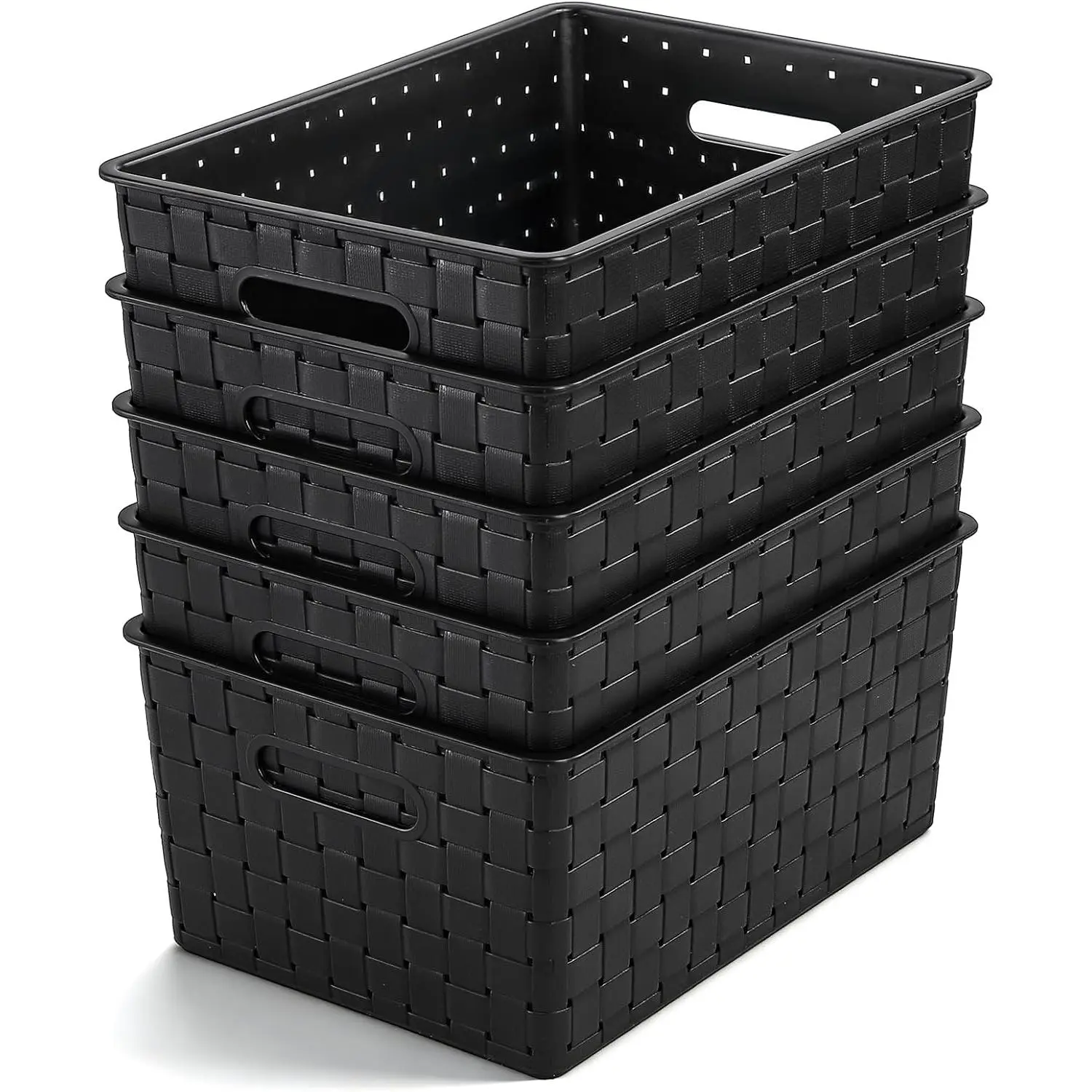 5 Pack Woven Plastic Storage Basket, Small Plastic Storage Bin, Rectangular Cabinet Organizer for Home & Office, 9.8" L x 7" W x 4.5" H