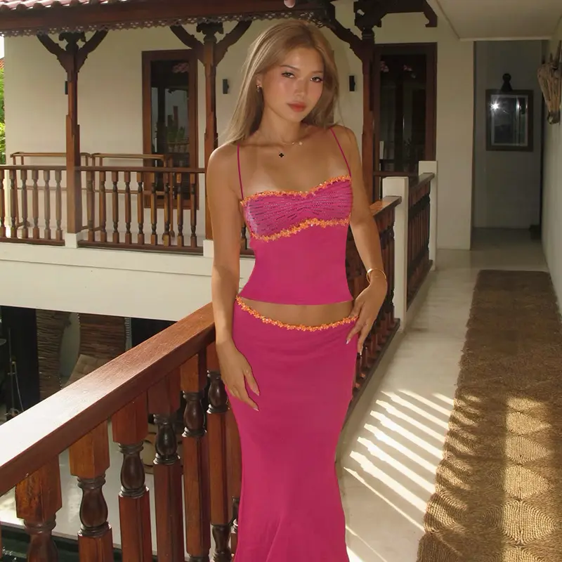 French-style sweet 2026 new fashion casual chiffon lace tank top and skirt set for women