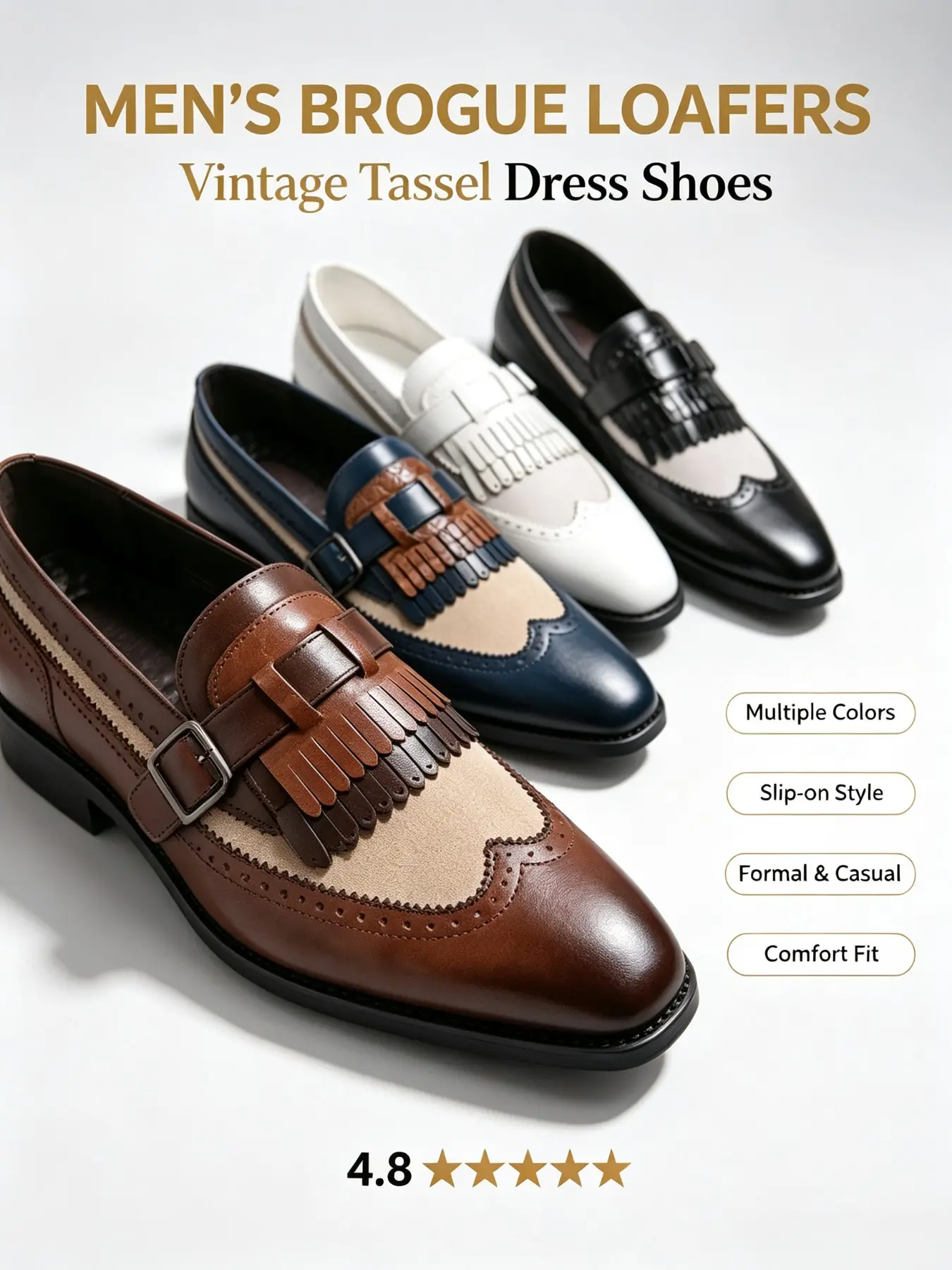 Men's Fashion Fringe Patchwork Dress Shoes, Vintage Fringe Brogue Loafers, Colorblock Buckle Slip-On Formal Shoes, British Business Casual Multicolor Suit Shoes