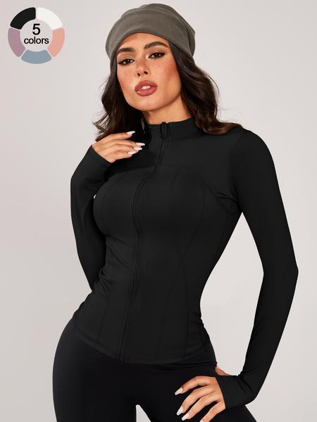 Women's Stand Collar Sport Jacket, Thumb Hole Design, Comfortable Breathable Training Long Sleeve Coat, Gym & Outdoor Cycling Fashion, High Elasticity Jacket