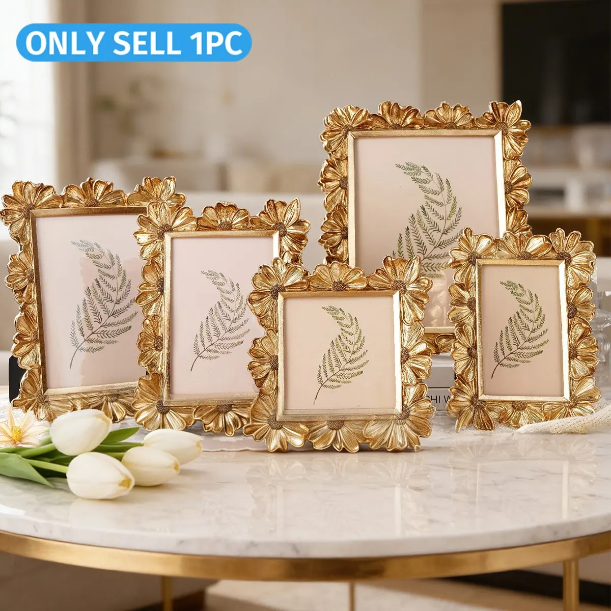French Gold Daisy Resin Frame, Luxury Floral Photo Holder, Modern Decorative Picture Frame, Wedding Centerpiece, Bookshelf Ornament, Engagement Gift, Home Wall Decor