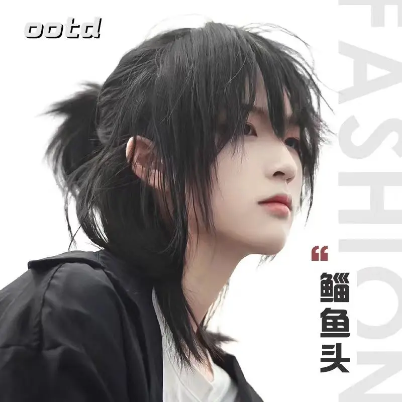 Short Mullet Head Wigs with Bangs Synthetic Straight Anime Men Black Gray Green Hair Wig for Daily Party Cosplay