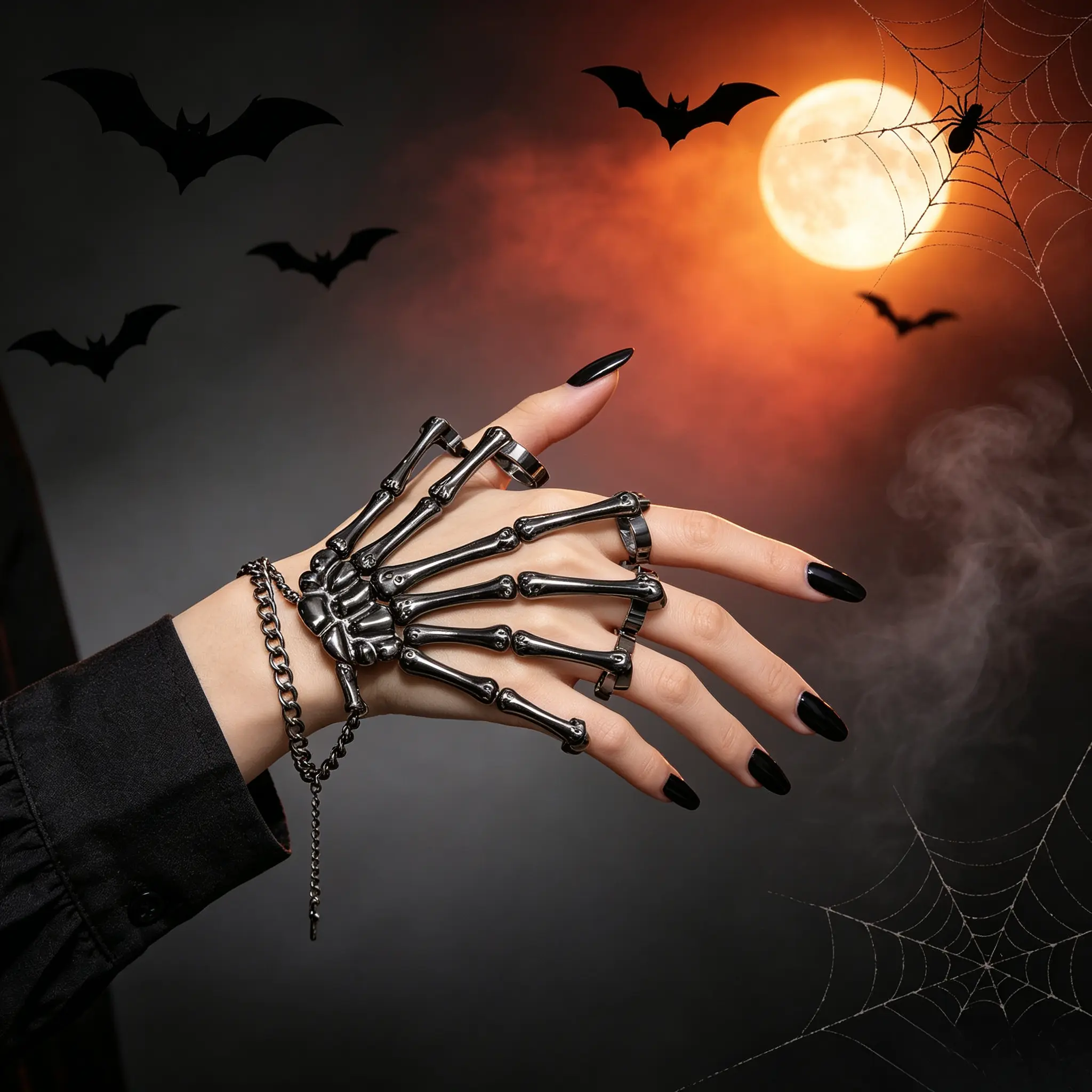 Halloween New Arrival Skeleton Hand Bone Hand Jewelry Fashion Punk Gothic Skull Hand Bracelet Adjustable All‑in‑One Finger Rings Chain For Cosplay Party Costume Outfit