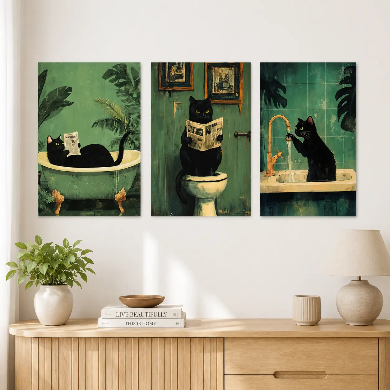 3 Counts Canvas Bathroom Cat Wall Art Print, Ready To Hang, Cat Funny Bathroom Wall Decor, Waterproof Canvas Wall Art, Animal Artwork Wall Painting For Gift, Wall Picture for Bathroom, Toilet, Living Room, Bedroom, Bathroom Pictures Wall Decor