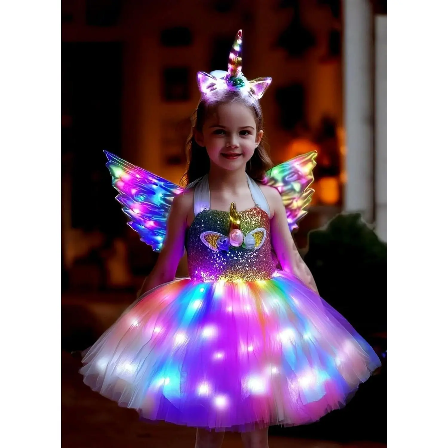 Girls Rainbow Unicorn Costume Dress with LED Light Up Tutu and Wings for Halloween Birthday Gift(Gift)