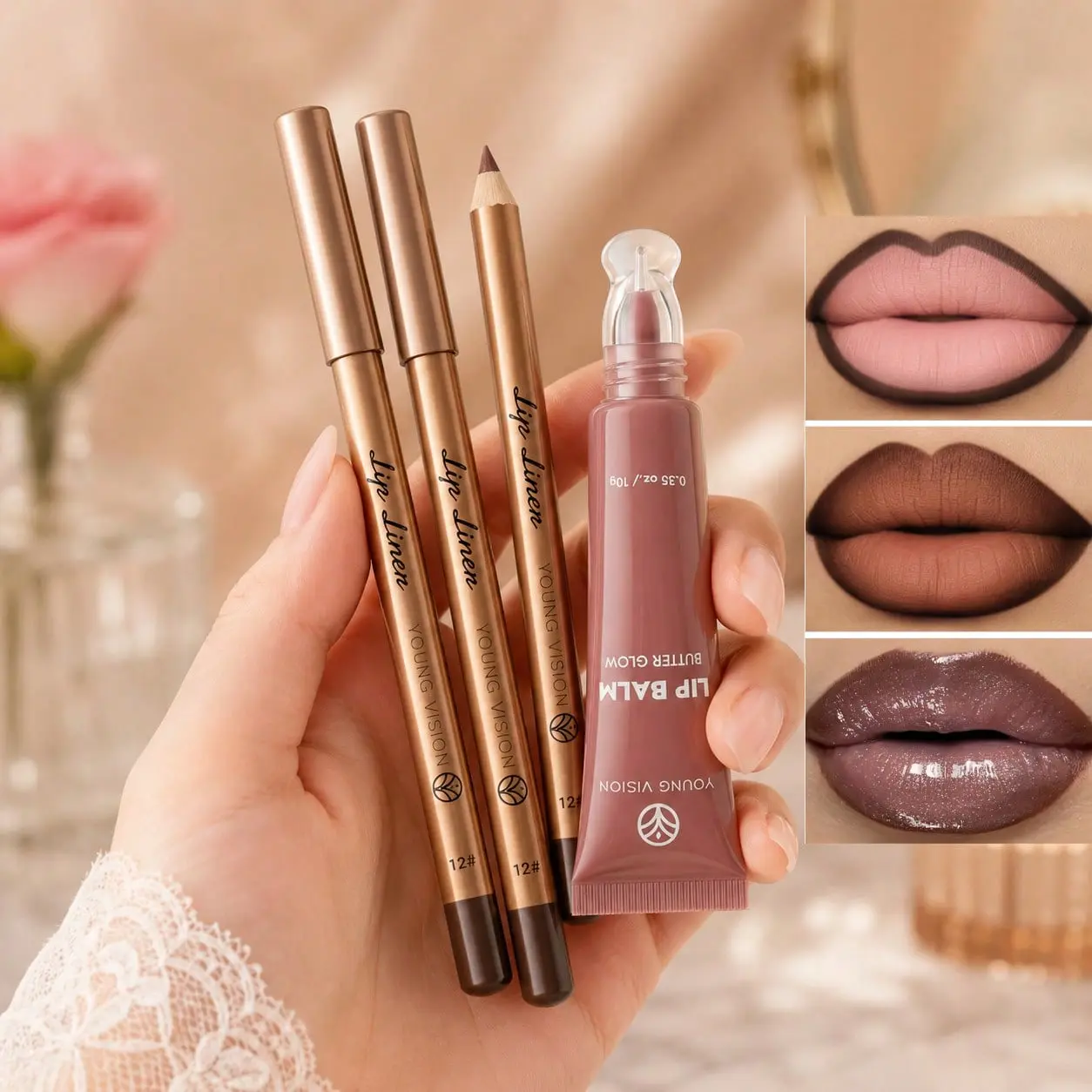 3Pcs Lipcombo, 3 Matte Pointed Lip Liners For M Lip Shaping, 1pc Pearlescent Mirror Moisturizing Lip Gloss, Create 3D Plump Lips, Ideal For Daily Office Party Travel Photogenic Lip Cosmetics