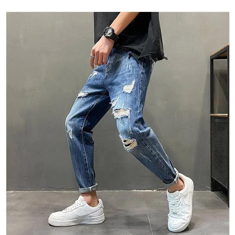 Men's Shaved Trendy Ripped Jeans Ruffian Handsome Summer Slim-fitting Pants Trendy Brand Man Clothes Designer Beggar Pants Men