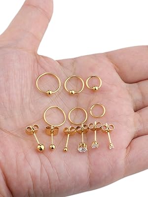 36PCS Earrings Set 12 Pairs Studs + 12 Piercing Hoops | 20G Stainless Steel CZ Cartilage Tragus Nose Jewelry | Silver & Gold
