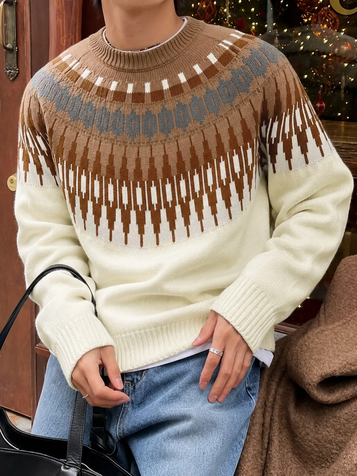 Men's Casual Round Neck Sweater, Vintage Ethnic Geometric Pattern, Stretchy, Daily Wear, Versatile Knit Pullover, Fall & Winter