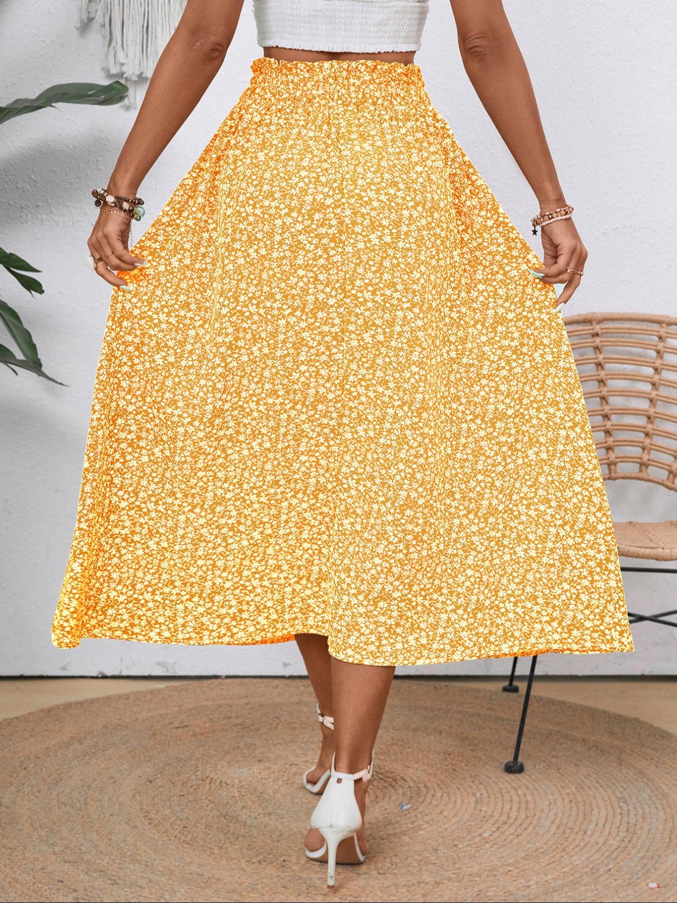 Women's Plain / Ditsy Floral Print Paper Bag Waist A Line Skirt, Boho Pocket High Waist Midi Skirt for Beach Vacation Holiday, Ladies Bottoms for All Seasons