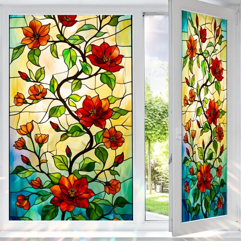 2D Flat Static Cling Floral Pattern With Red And Orange Flowers And Green Leaves Rectangular Ornament For Window And Door Decor Removable